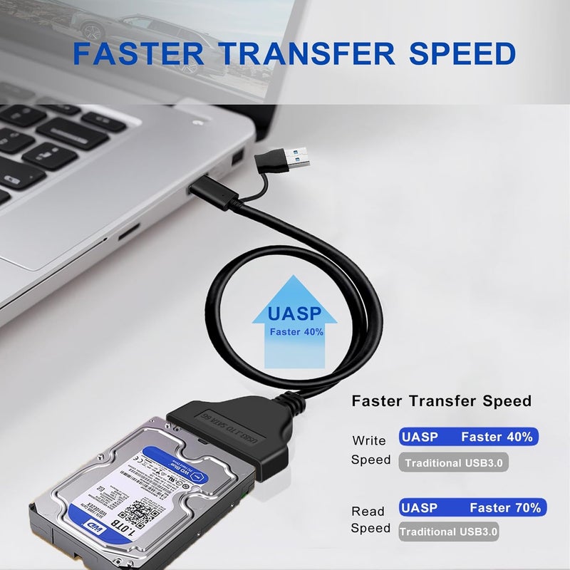 FANBLACK SATA to USB Cable 3.2ft, 2-in-1 USB-C/USB-A 3.0 to SATA III Hard Driver Adapter Compatible for 2.5 inch HDD and SSD (100cm) - Image 2